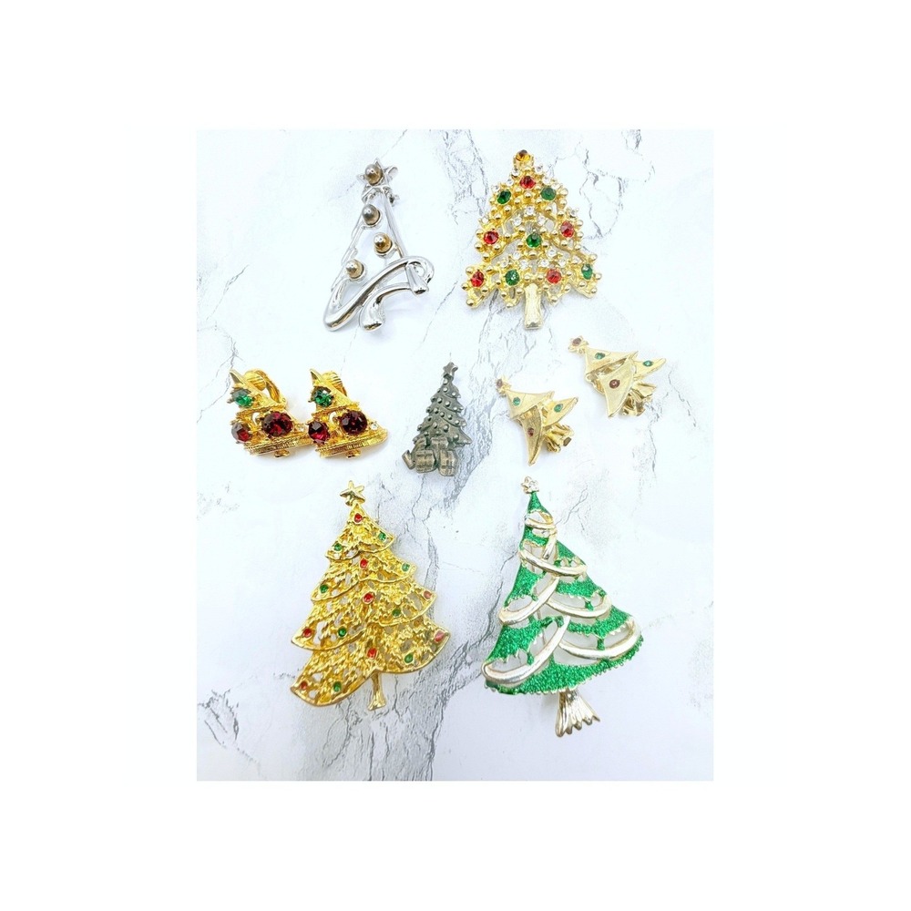 Christmas Tree Jewelry Lot 5 Brooches 2 Pairs Clip On Earrings Rhinestone